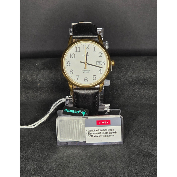 Timex Other - Timex Indiglo Analog Watch Gold Tone Case Black Leather Strap Date WR30M New